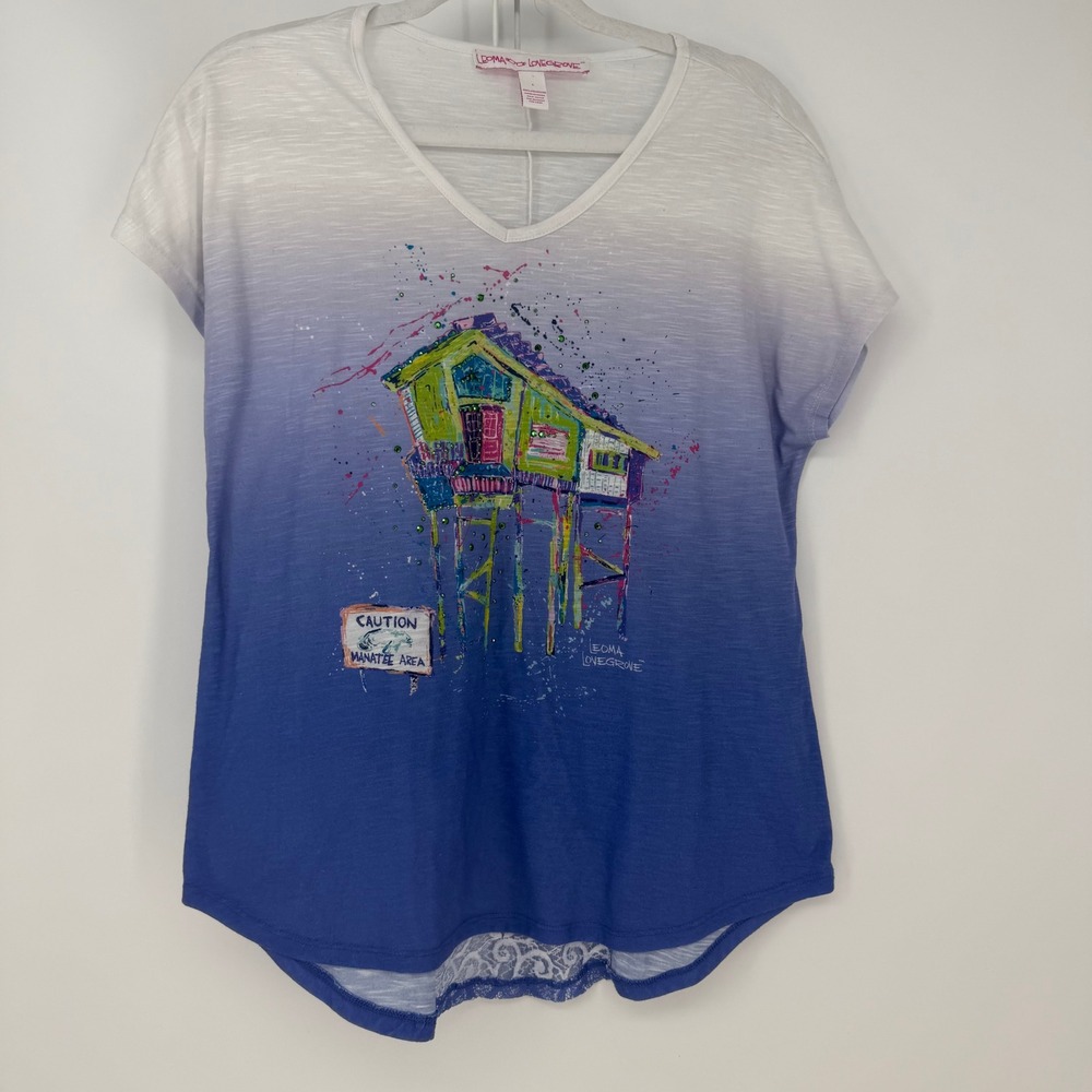 Leoma Lovegrove T-Shirt Women Large Blue White Ombre Beach Stilt House Lace Back